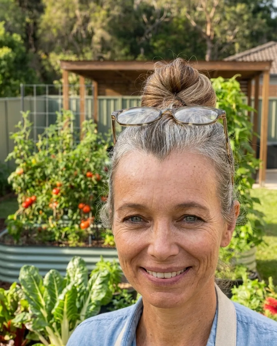 Dee smiling in her backyard beside sage-green raised garden beds
