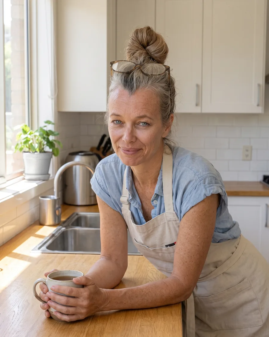 Dee at her kitchen bench with a cup of tea