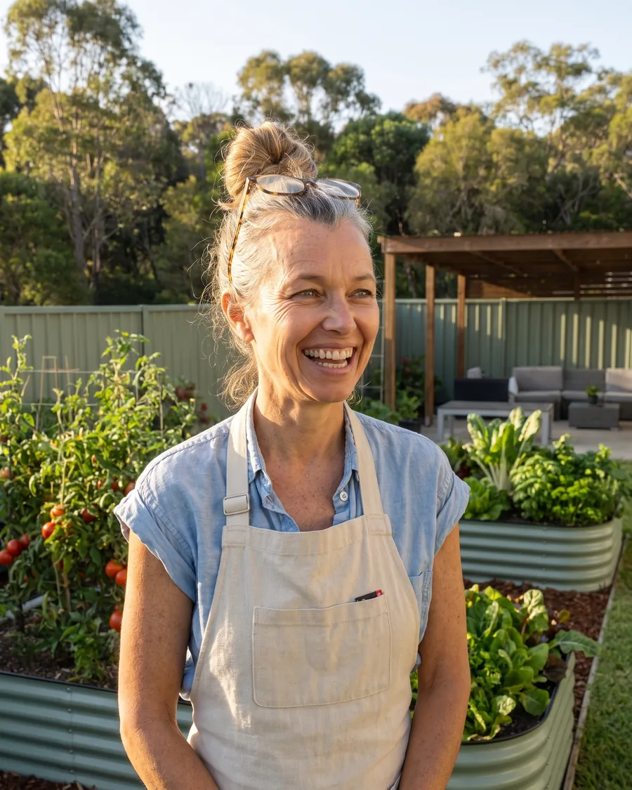 Dee laughing in her garden, glasses pushed up on her head