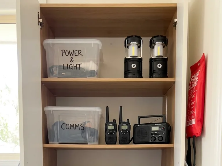 An emergency kit cupboard with labelled tubs, lanterns and bottled water