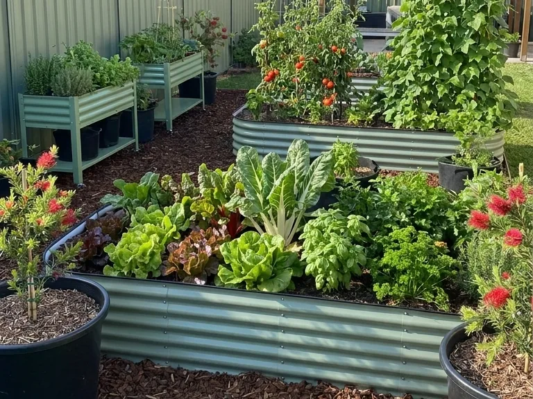 Raised metal garden beds full of leafy greens