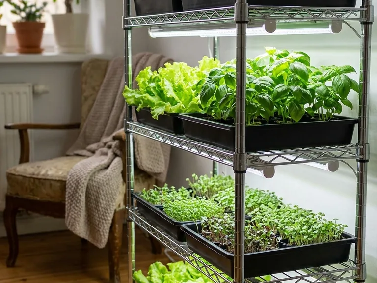 Indoor shelving with trays of greens under white grow lights