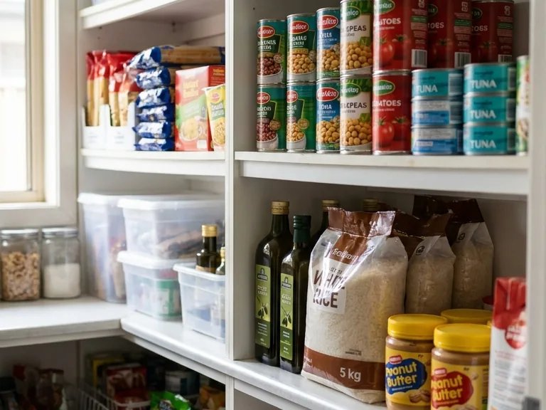A tidy walk-in pantry with labelled shelves of tins and jars